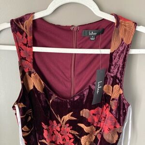 Lulu's Burgundy Velvet Floral Jumpsuit with Red & Tan Flowers